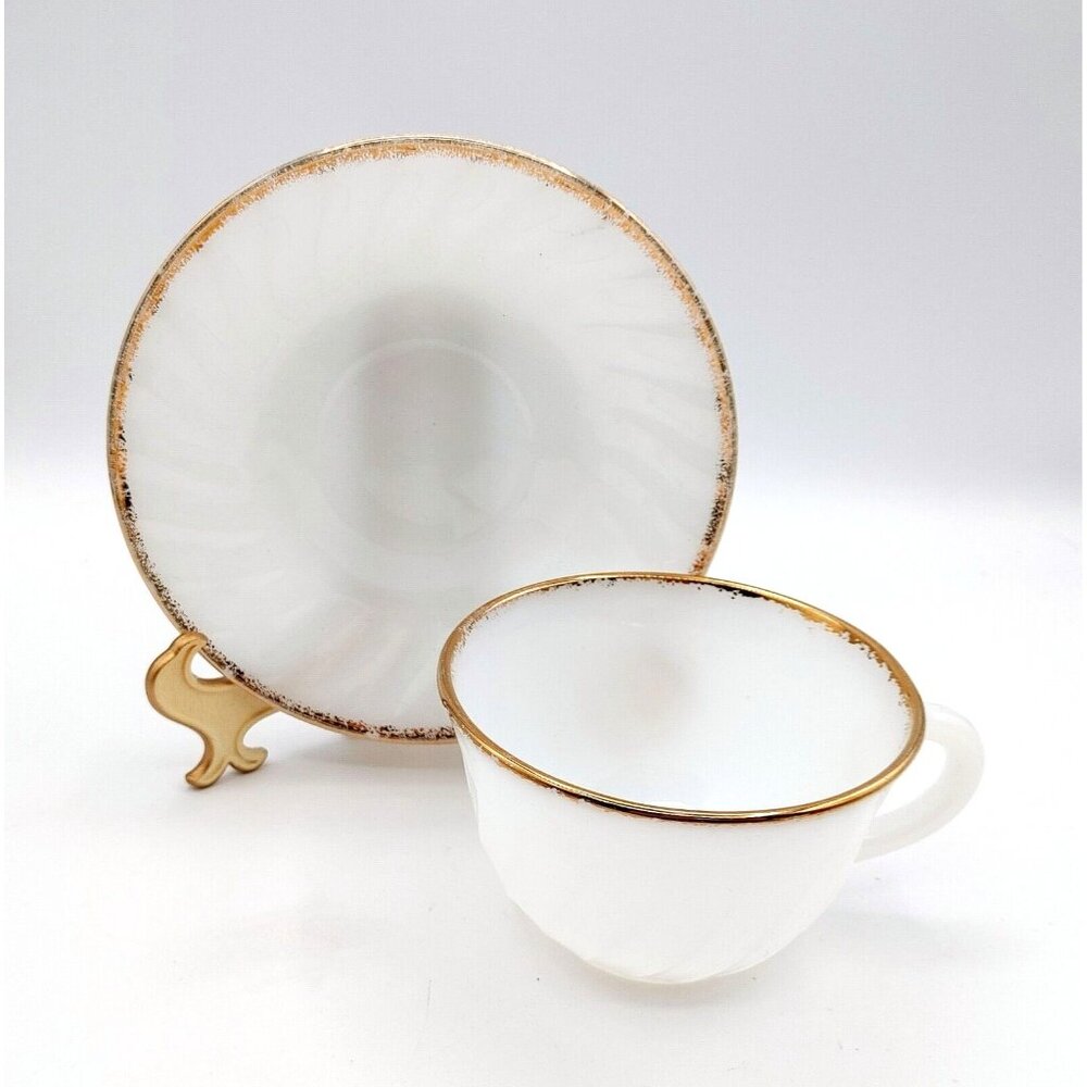 Fire King White Swirl Gold Trim Glass Coffee or Tea Cup and Saucer